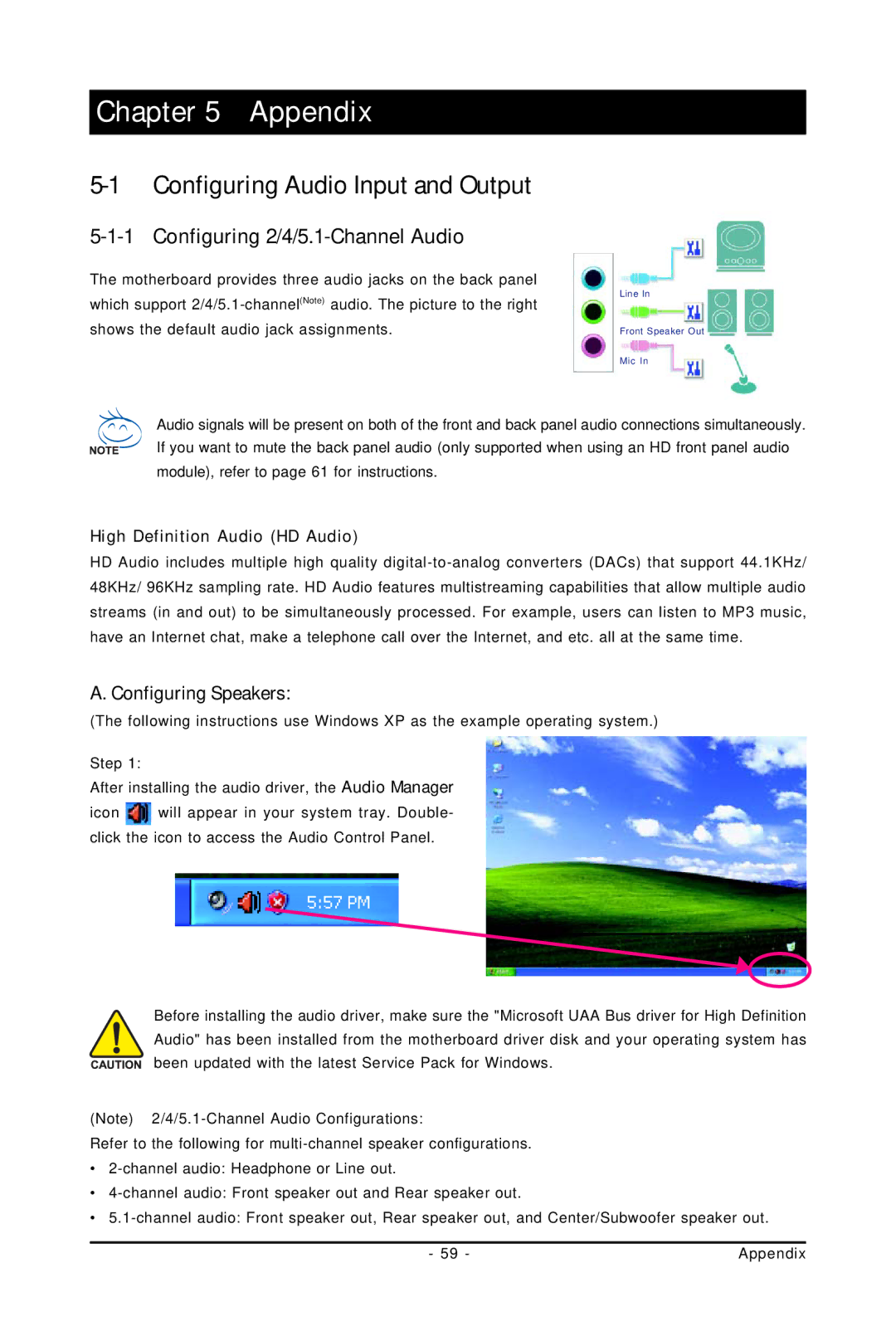 Intel GA-GC230D user manual Configuring Audio Input and Output, Configuring 2/4/5.1-Channel Audio, Configuring Speakers 