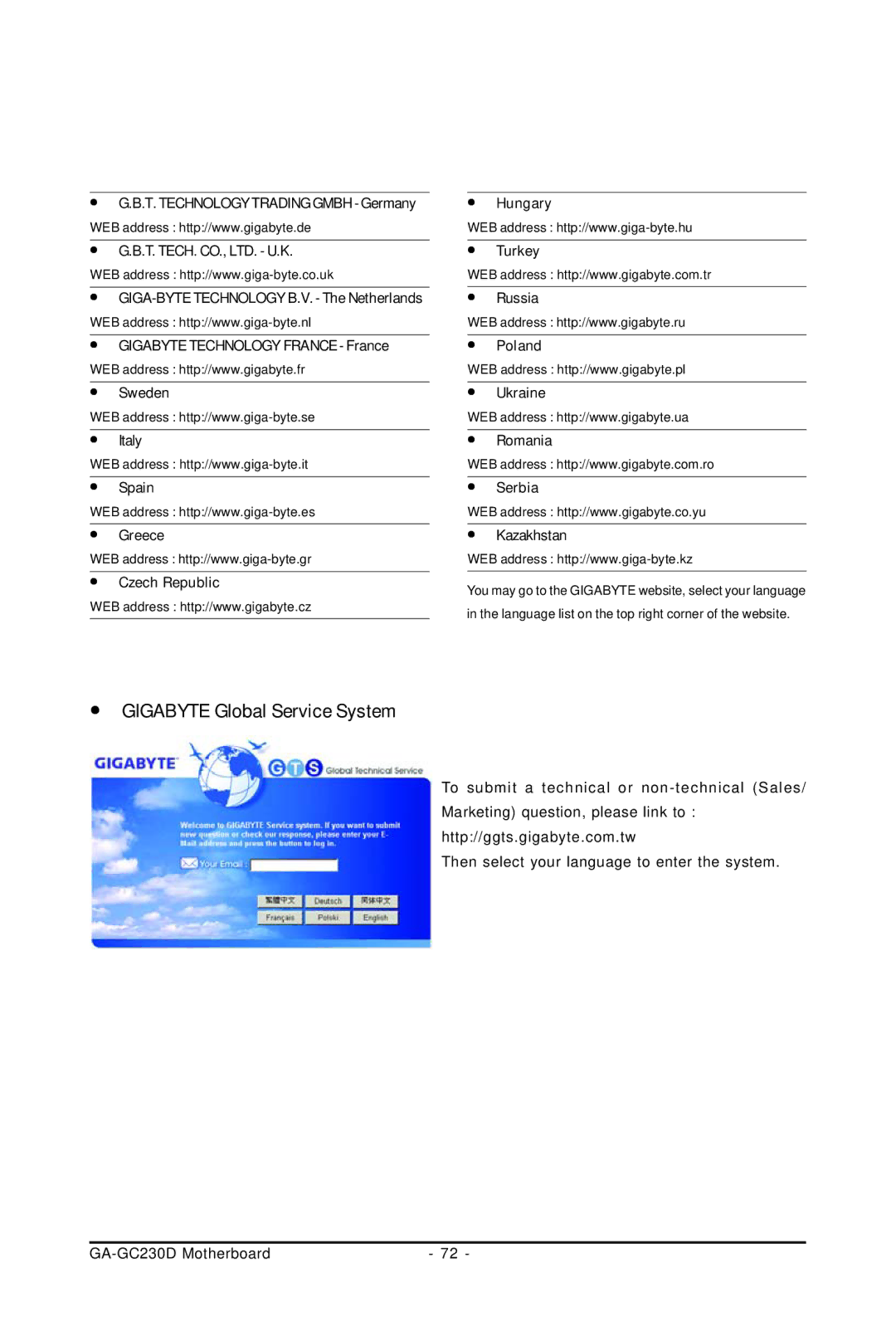 Intel GA-GC230D user manual Gigabyte Global Service System 