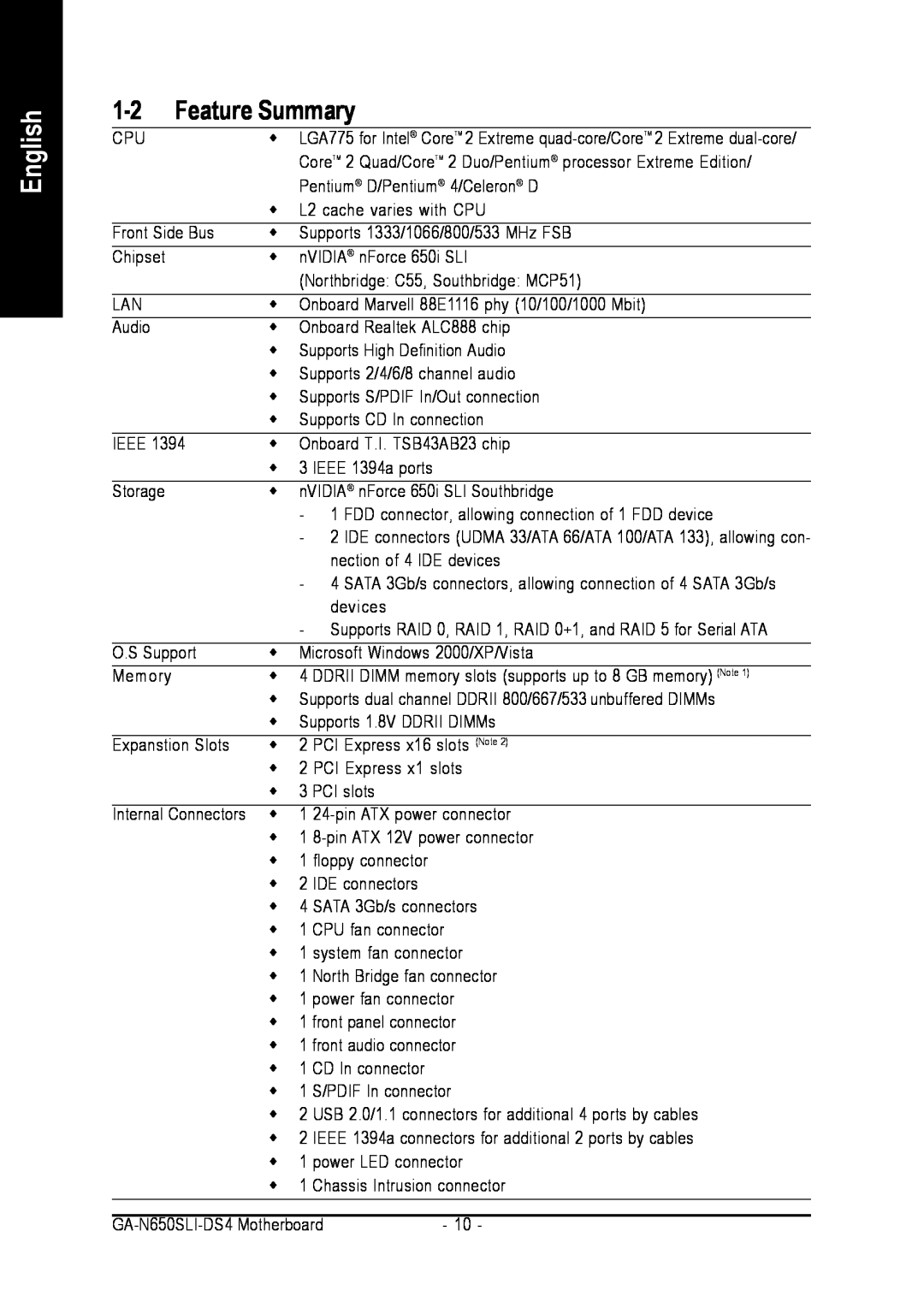 Intel GA-N650SLI-DS4 user manual Feature Summary, English 