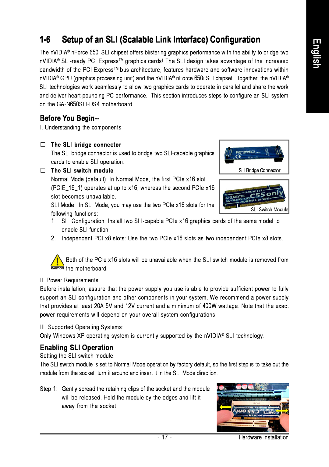 Intel GA-N650SLI-DS4 user manual Setup of an SLI Scalable Link Interface Configuration, English, Before You Begin 