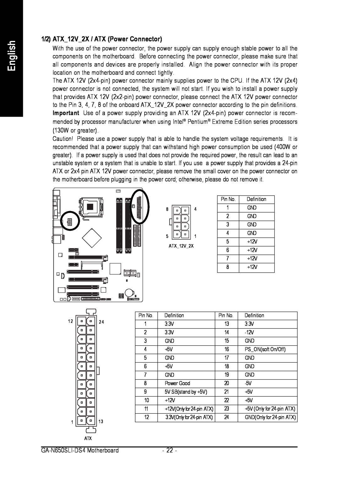 Intel GA-N650SLI-DS4 user manual English, 1/2 ATX12V2X / ATX Power Connector 