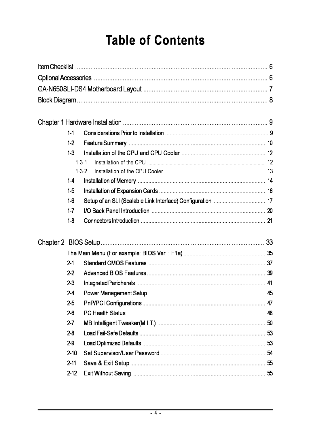 Intel GA-N650SLI-DS4 user manual Table of Contents 