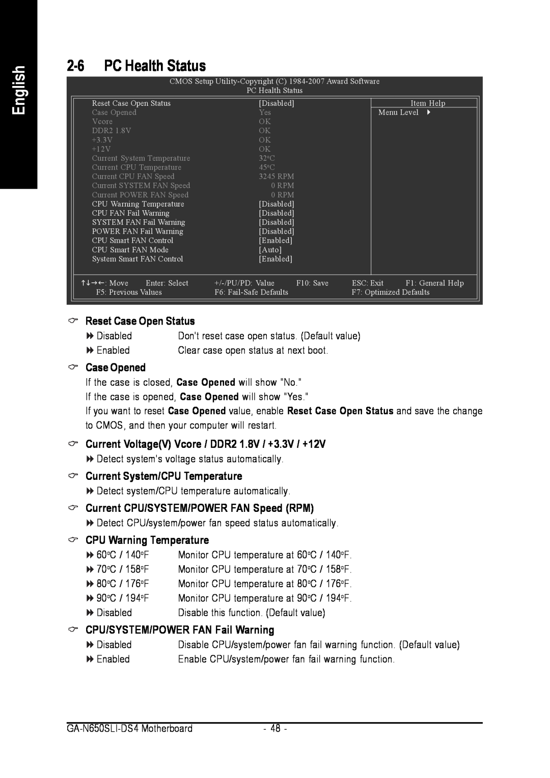 Intel GA-N650SLI-DS4 English, PC Health Status, Case Opened, Current VoltageV Vcore / DDR2 1.8V / +3.3V / +12V, Disabled 