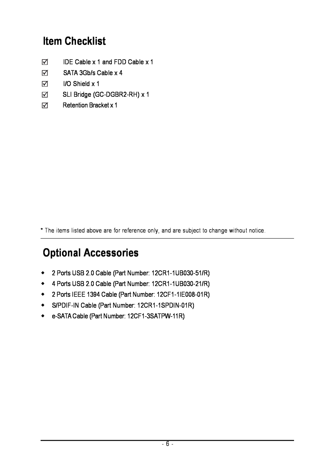 Intel GA-N650SLI-DS4 user manual Item Checklist, Optional Accessories 