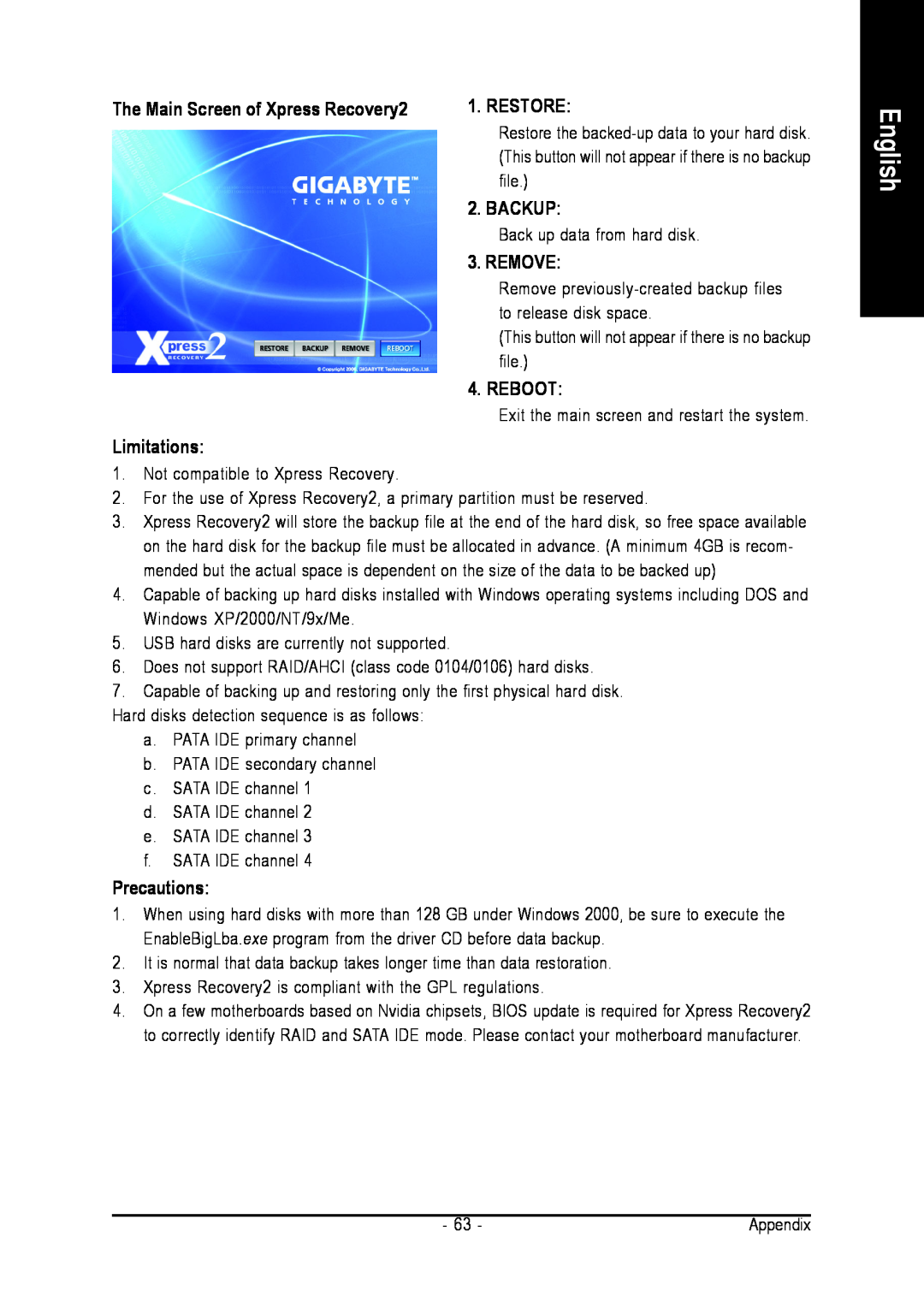 Intel GA-N650SLI-DS4 user manual English, Restore, Backup, Remove, Reboot, Limitations, Precautions 