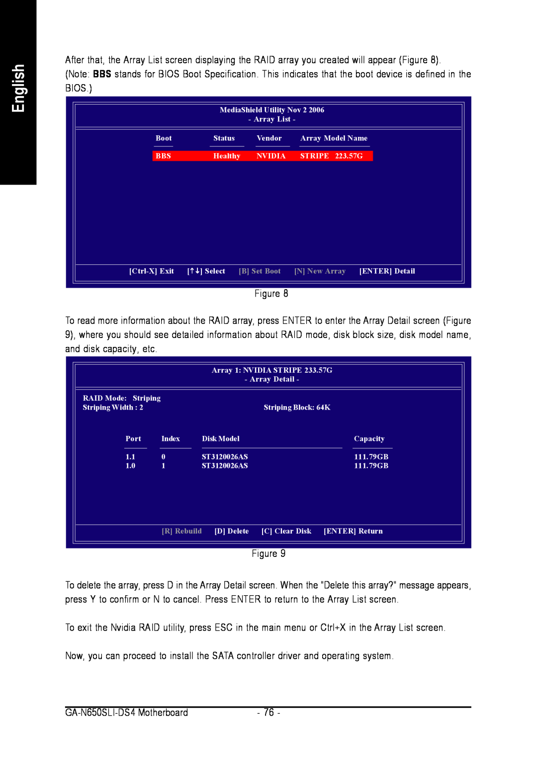 Intel GA-N650SLI-DS4 user manual English, B Set Boot, N New Array ENTER Detail, R Rebuild 