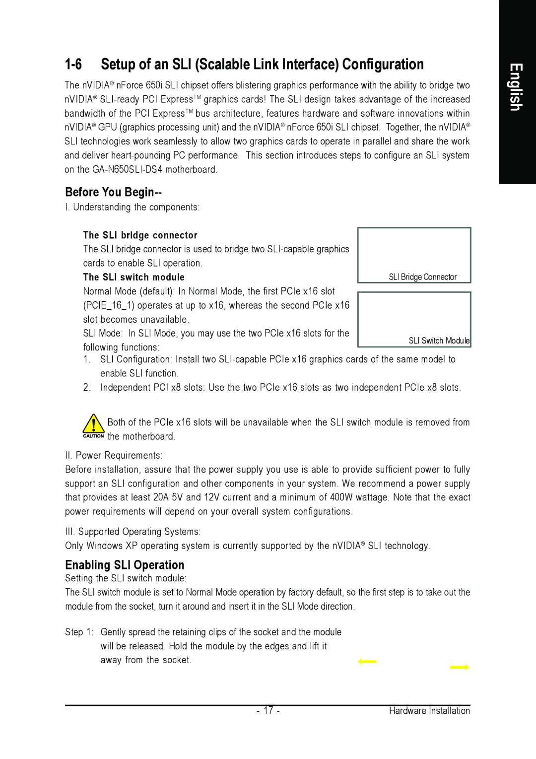 Intel GA-N650SLI-DS4 Setup of an SLI Scalable Link Interface Configuration, Before You Begin, Enabling SLI Operation 