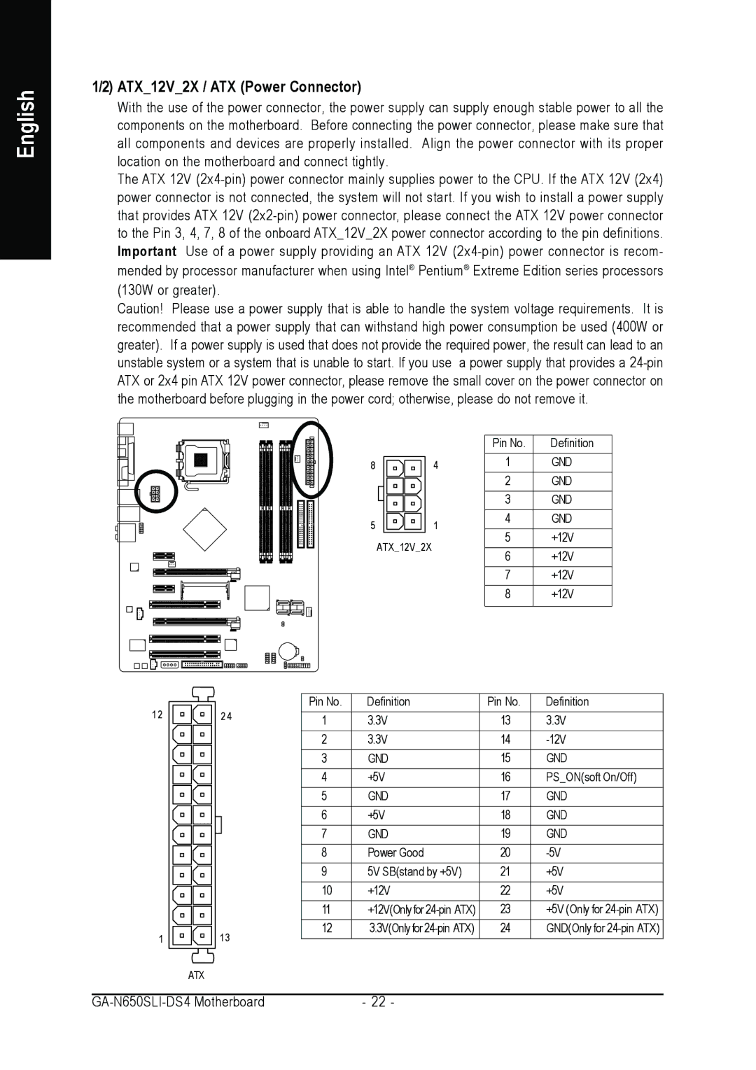 Intel GA-N650SLI-DS4 user manual ATX12V2X / ATX Power Connector 