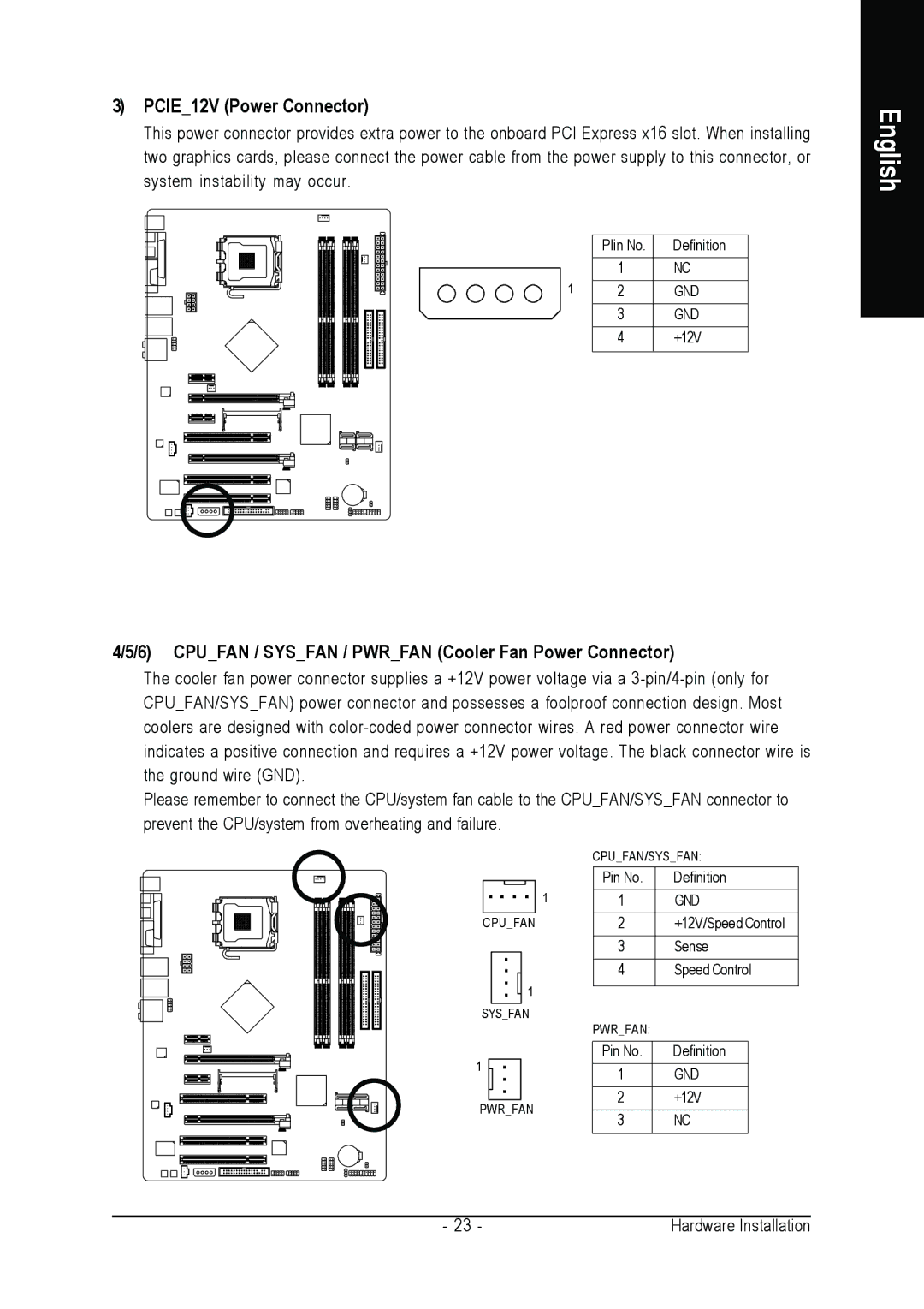 Intel GA-N650SLI-DS4 user manual PCIE12V Power Connector, Cpufan / Sysfan / Pwrfan Cooler Fan Power Connector 