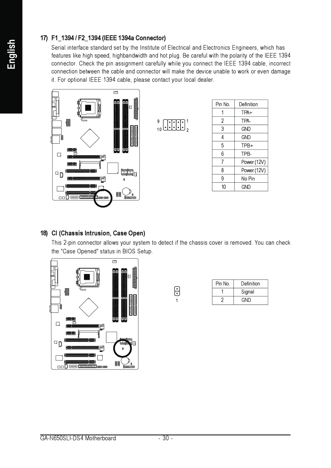 Intel GA-N650SLI-DS4 user manual 17 F11394 / F21394 Ieee 1394a Connector, CI Chassis Intrusion, Case Open 