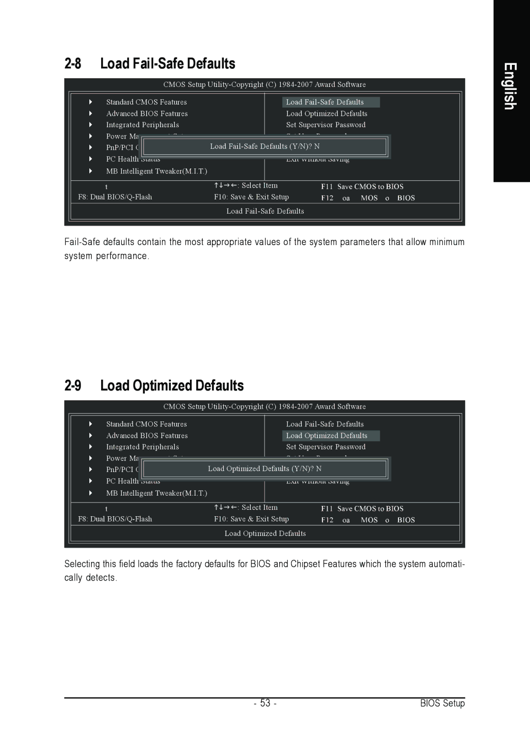 Intel GA-N650SLI-DS4 user manual Load Fail-Safe Defaults, Load Optimized Defaults 