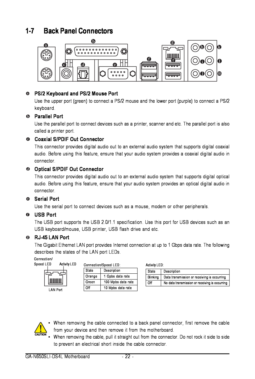 Intel GA-N650SLI-DS4L Back Panel Connectors, PS/2 Keyboard and PS/2 Mouse Port, Parallel Port, Serial Port, USB Port 