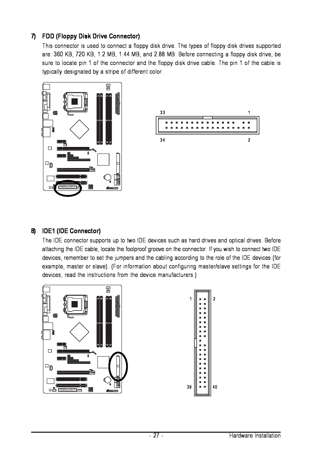 Intel GA-N650SLI-DS4L user manual FDD Floppy Disk Drive Connector, 8 IDE1 IDE Connector 