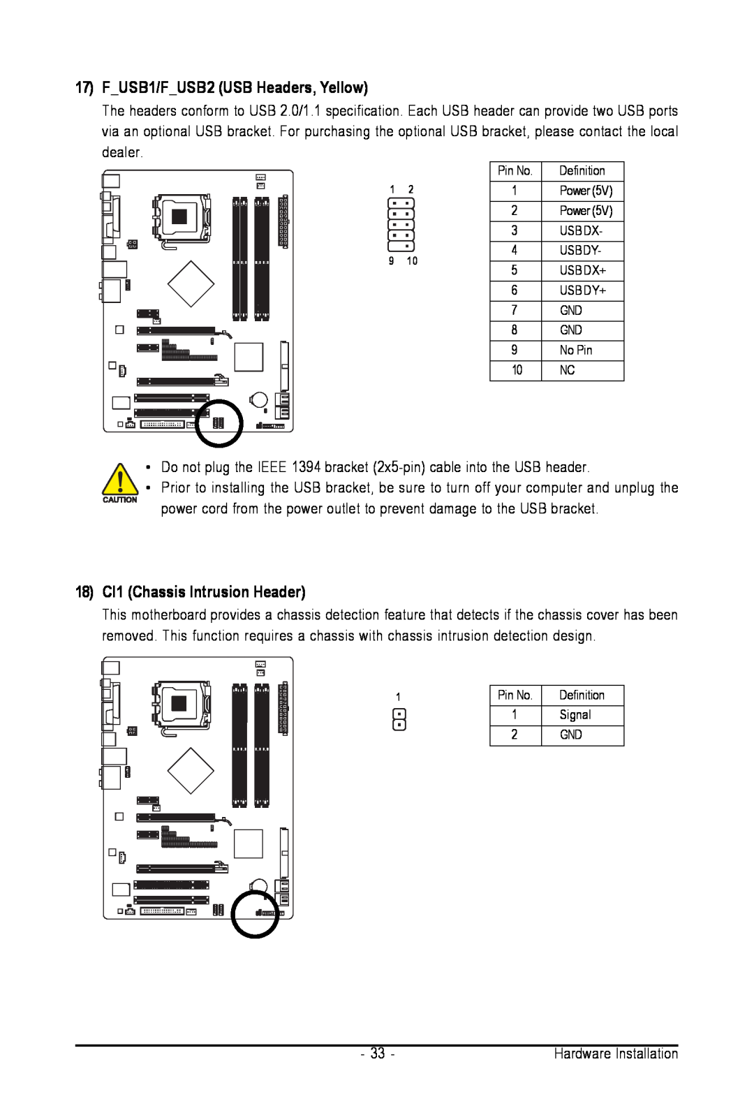 Intel GA-N650SLI-DS4L user manual FUSB1/FUSB2 USB Headers, Yellow, 18 CI1 Chassis Intrusion Header 