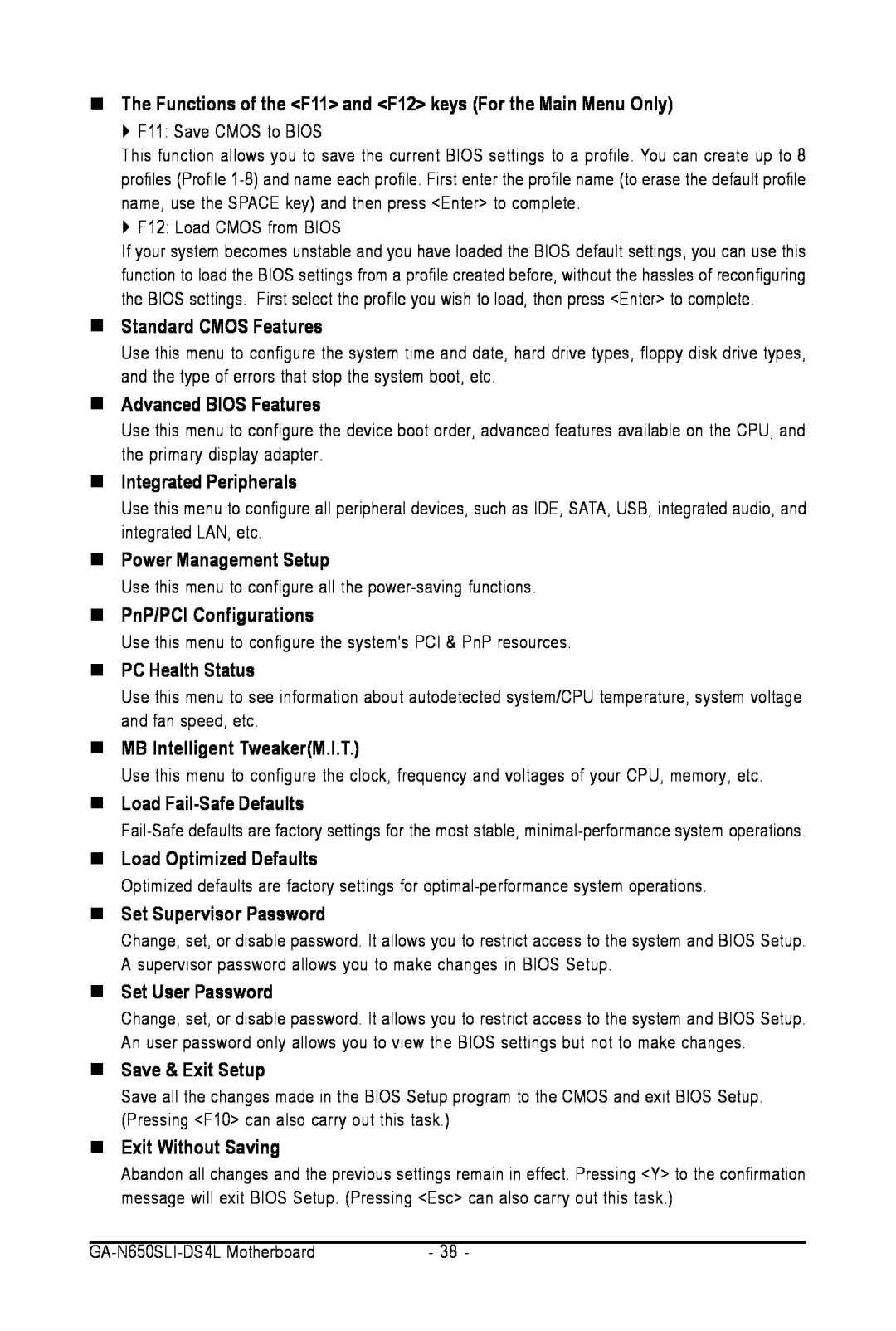 Intel GA-N650SLI-DS4L user manual „ The Functions of the F11 and F12 keys For the Main Menu Only, „ Standard CMOS Features 