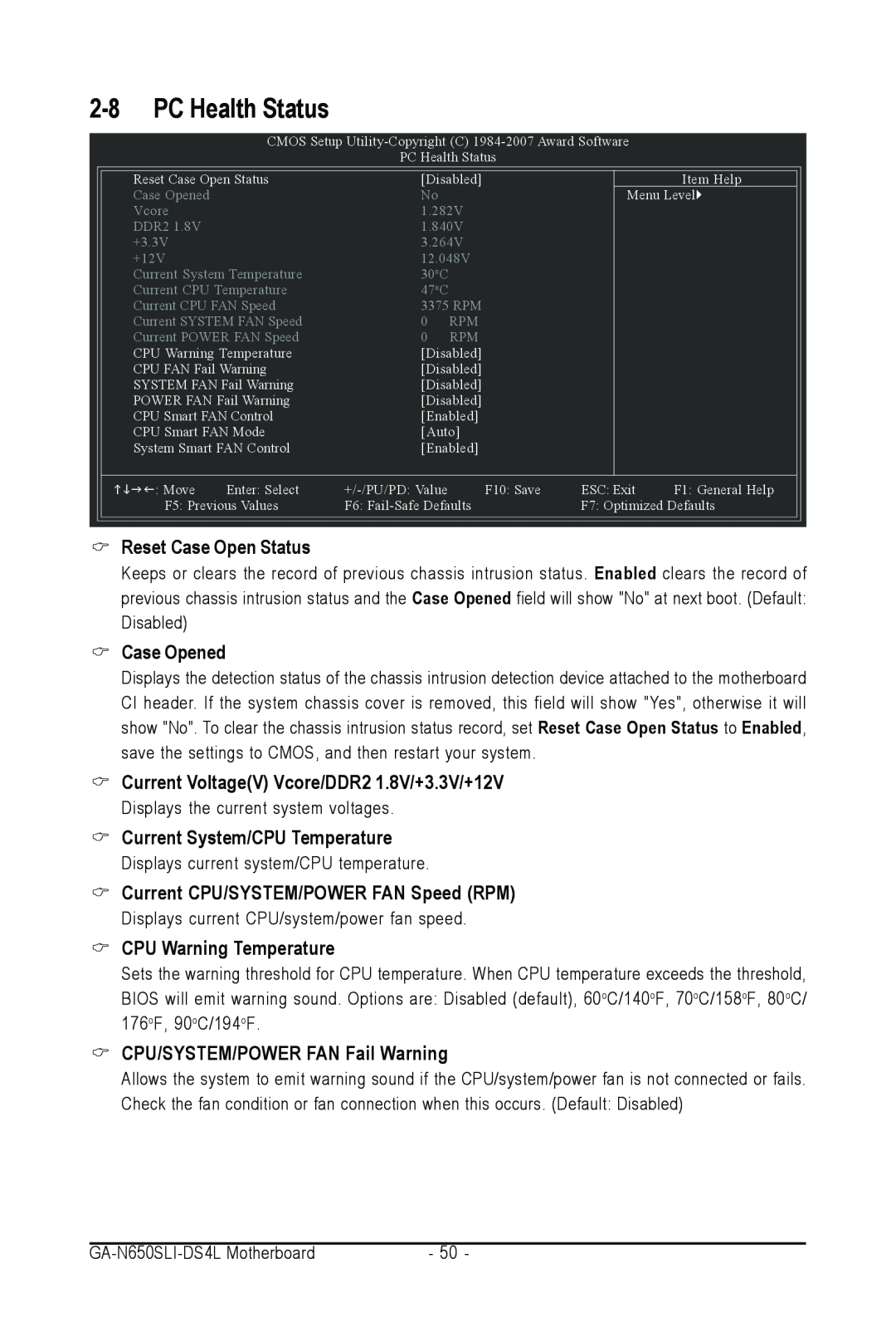 Intel GA-N650SLI-DS4L PC Health Status, Reset Case Open Status, Case Opened, Current VoltageV Vcore/DDR2 1.8V/+3.3V/+12V 