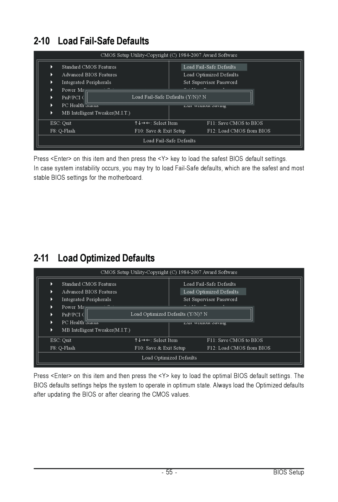 Intel GA-N650SLI-DS4L user manual Load Fail-Safe Defaults, Load Optimized DefaultsSaveY/N?& ExitN Setup 