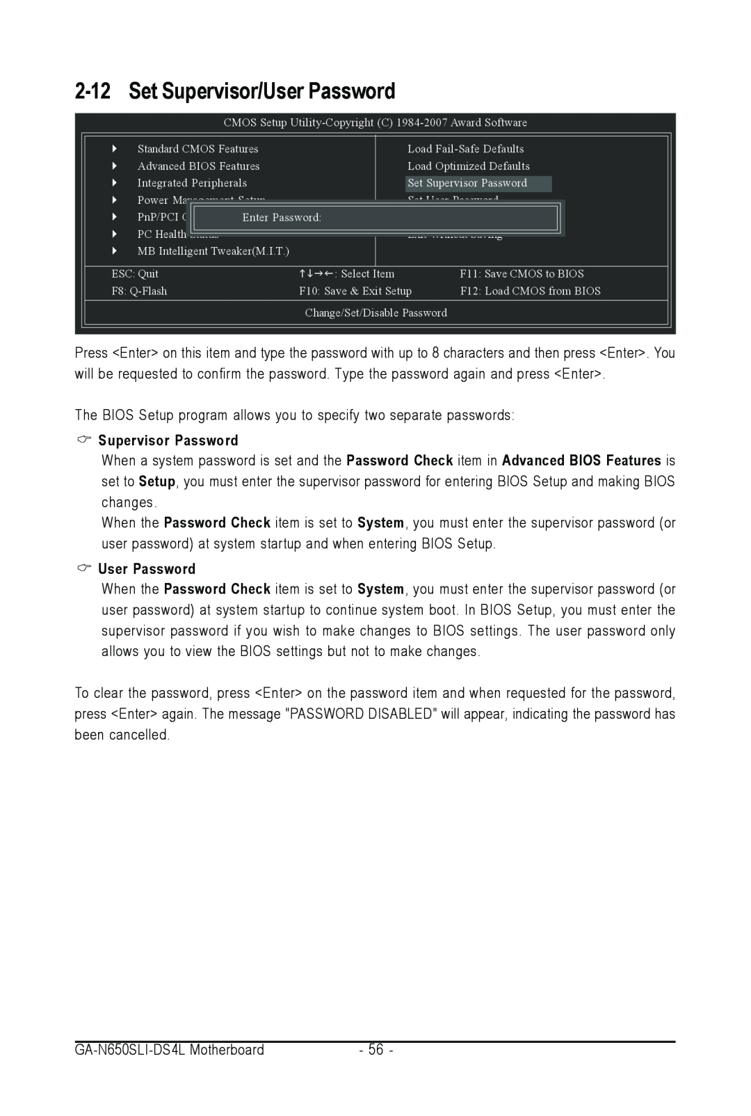Intel GA-N650SLI-DS4L user manual 2-12, Set Supervisor/User Password, Supervisor Password 