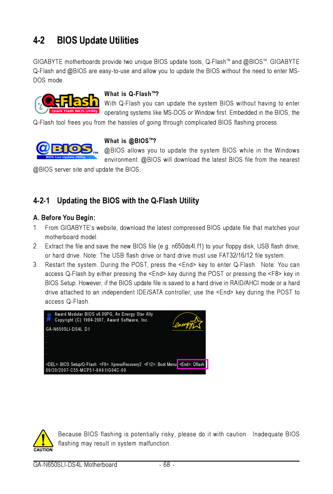 Intel GA-N650SLI-DS4L user manual BIOS Update Utilities, Updating the BIOS with the Q-Flash Utility, A. Before You Begin 