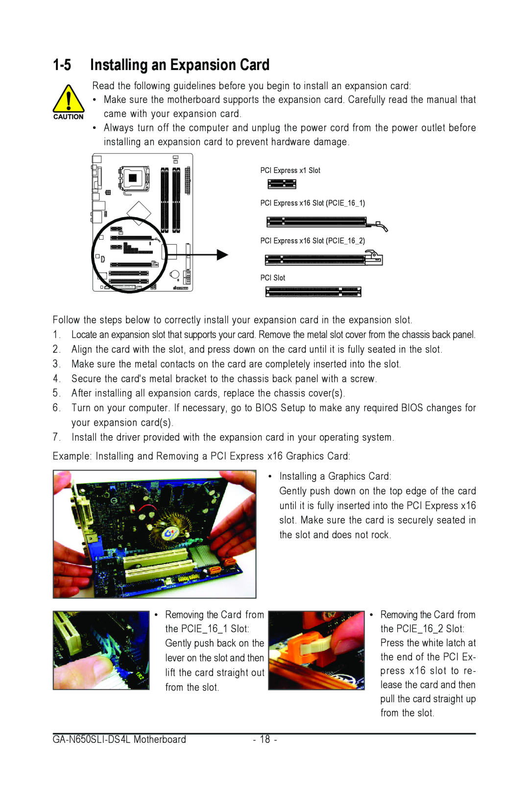 Intel GA-N650SLI-DS4L user manual Installing an Expansion Card 