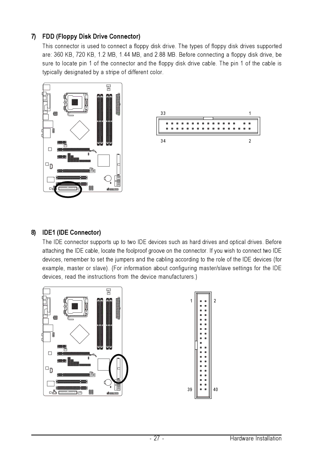 Intel GA-N650SLI-DS4L user manual FDD Floppy Disk Drive Connector, IDE1 IDE Connector 