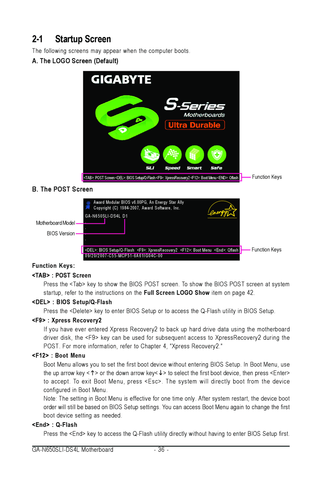 Intel GA-N650SLI-DS4L user manual Startup Screen, Logo Screen Default, Post Screen 