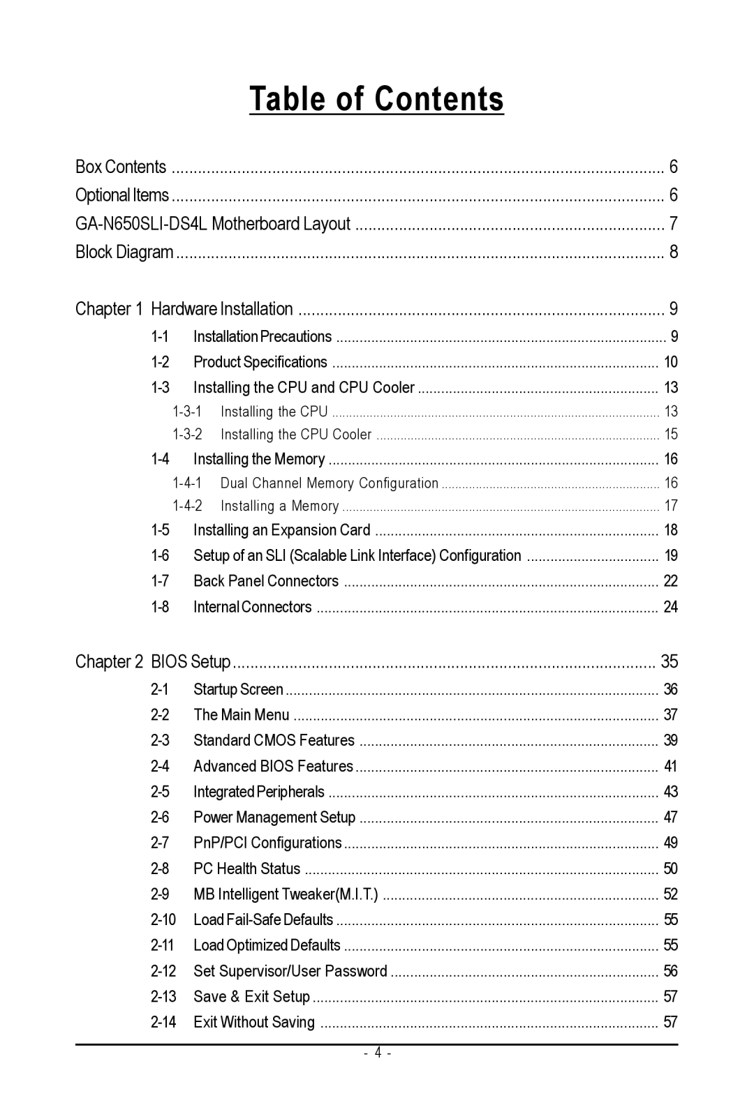 Intel GA-N650SLI-DS4L user manual Table of Contents 