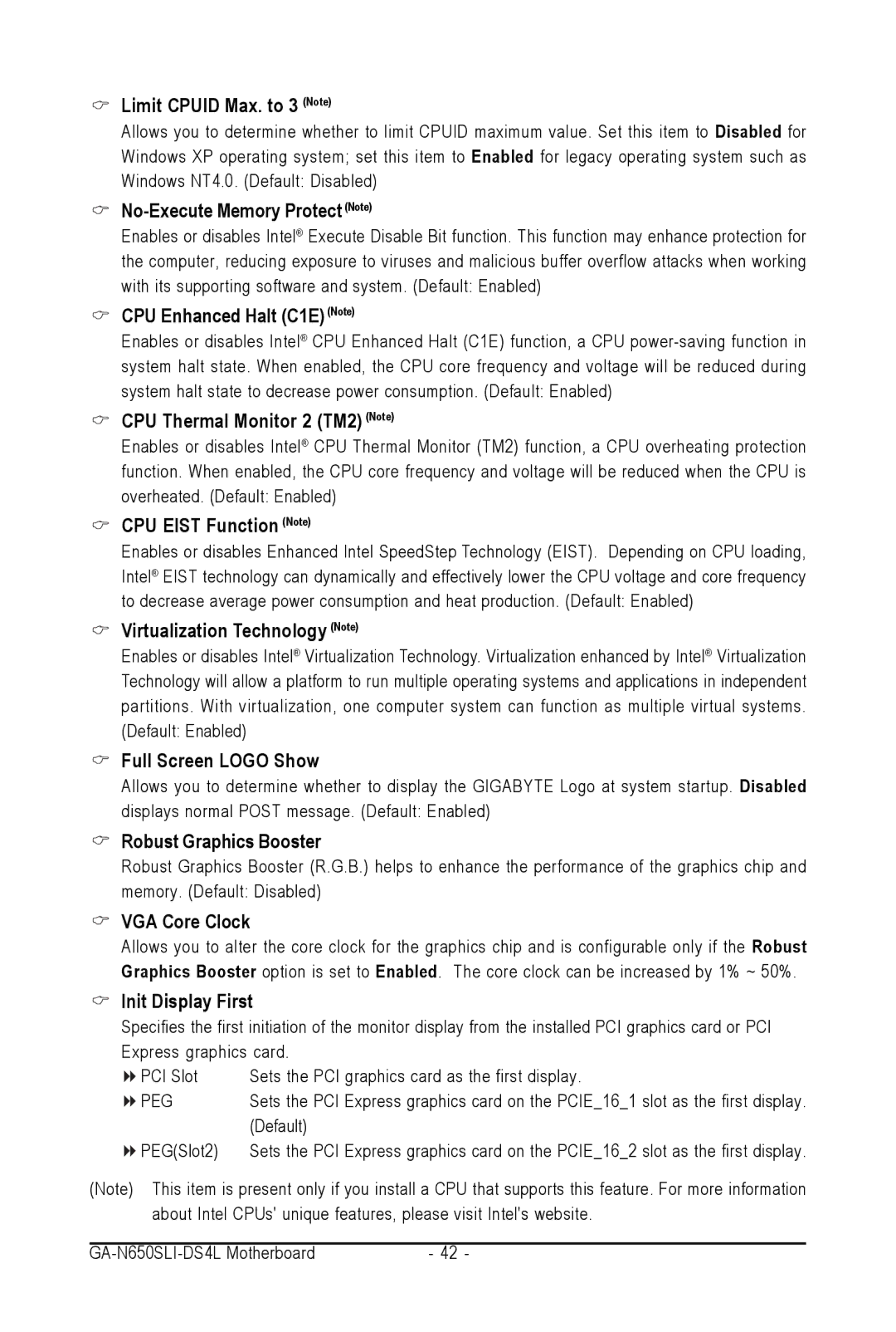 Intel GA-N650SLI-DS4L user manual Limit Cpuid Max. to 3 Note, No-Execute Memory Protect Note, CPU Enhanced Halt C1E Note 