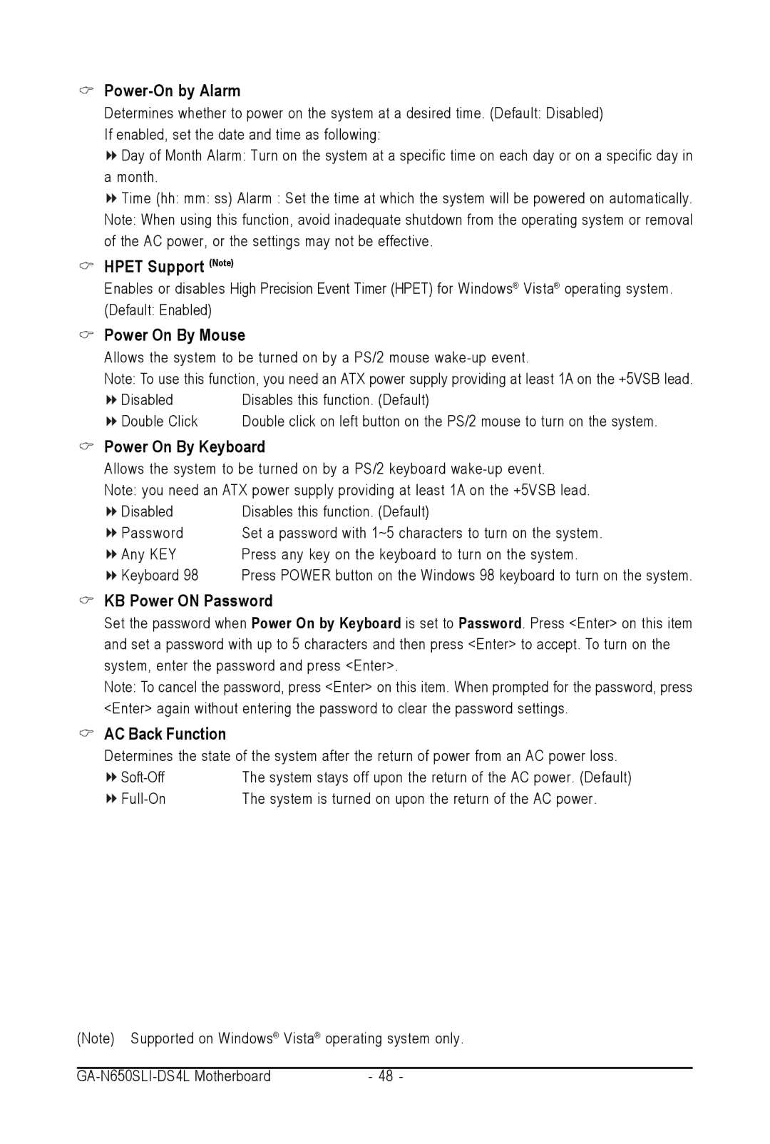 Intel GA-N650SLI-DS4L Power-On by Alarm, Hpet Support Note, Power On By Mouse, Power On By Keyboard, KB Power on Password 
