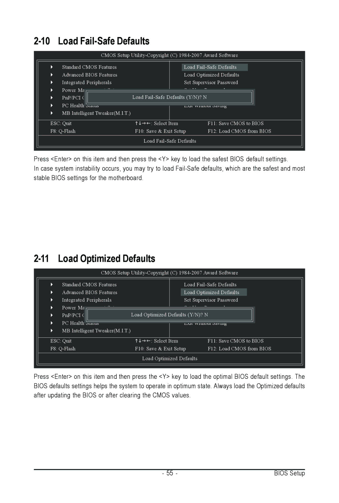 Intel GA-N650SLI-DS4L user manual Load Fail-Safe Defaults, Load Optimized Defaults 