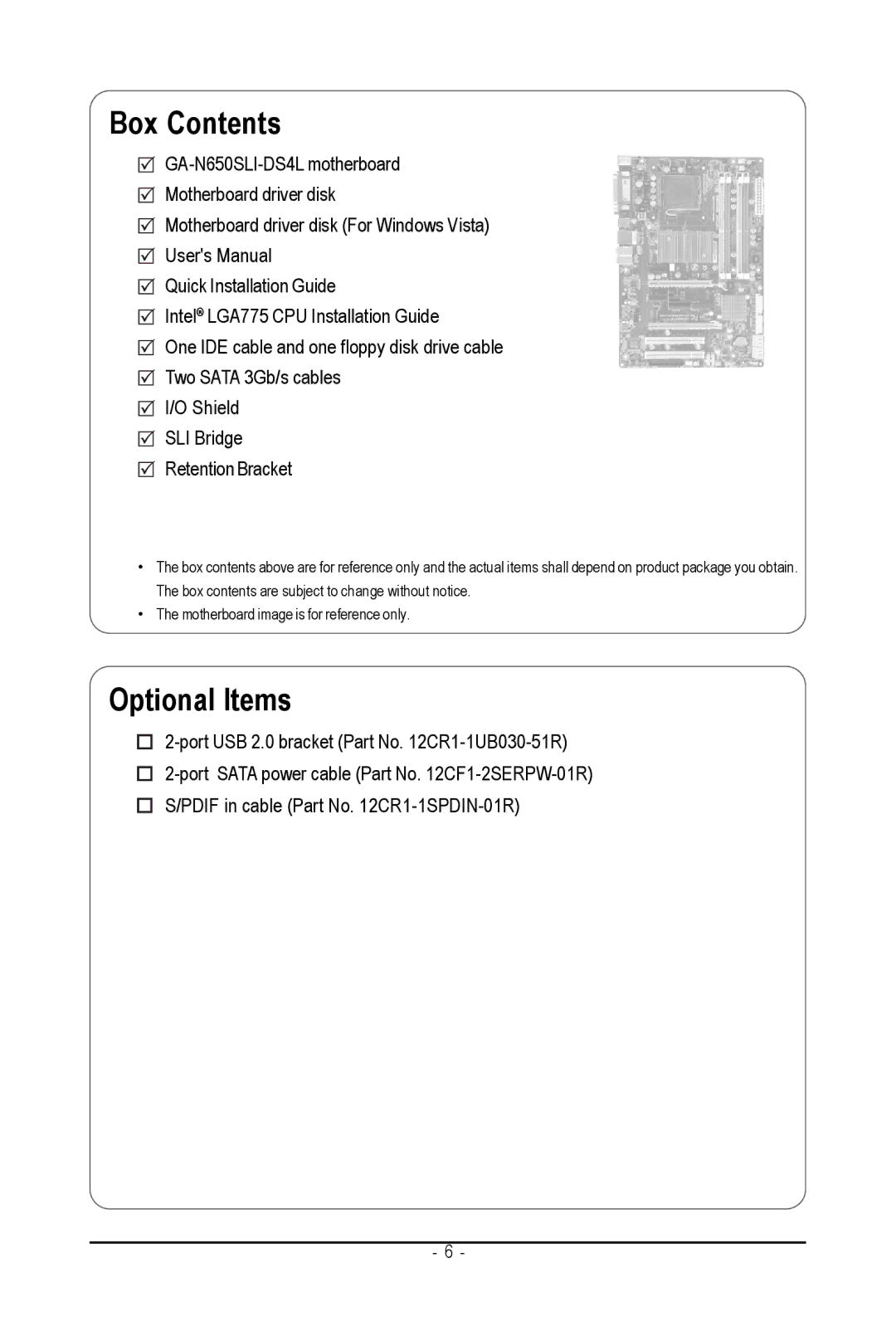 Intel GA-N650SLI-DS4L user manual Box Contents 