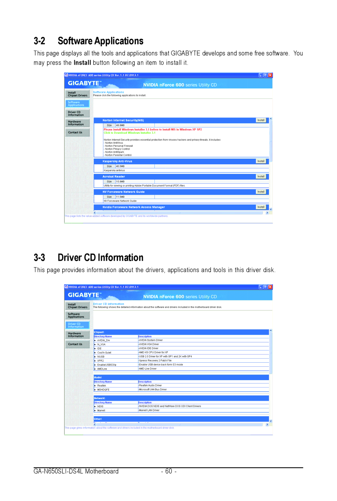 Intel GA-N650SLI-DS4L user manual Software Applications, Driver CD Information 