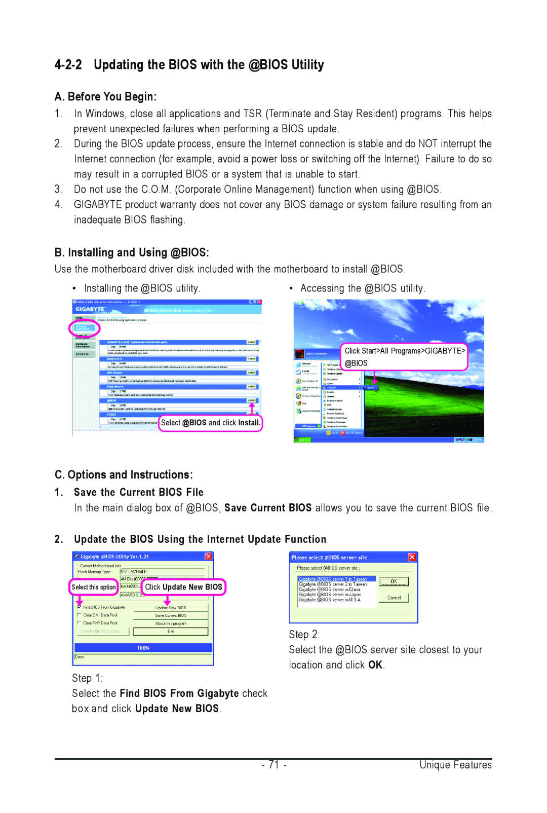 Intel GA-N650SLI-DS4L Updating the Bios with the @BIOS Utility, Installing and Using @BIOS, Options and Instructions 