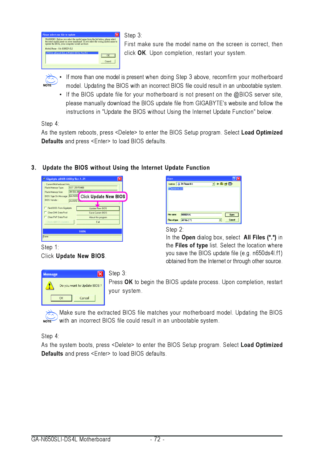 Intel GA-N650SLI-DS4L user manual Update the Bios without Using the Internet Update Function, Click Update New Bios 