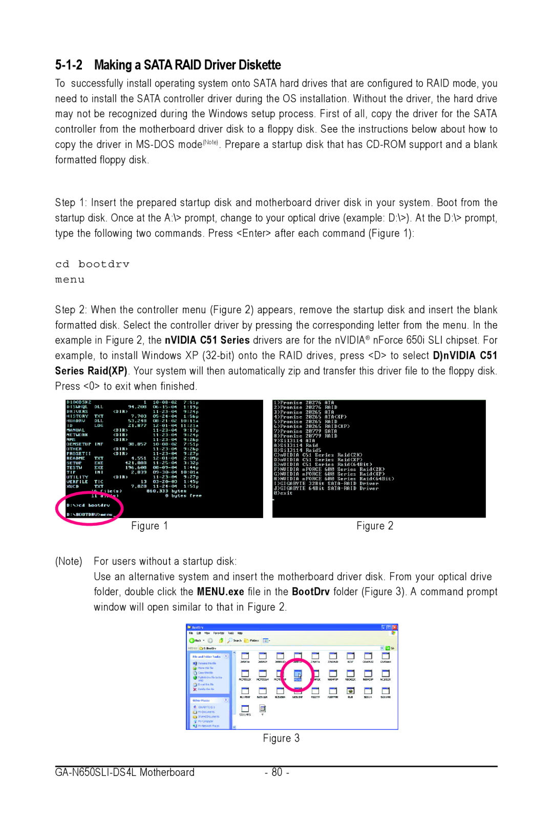 Intel GA-N650SLI-DS4L user manual Making a Sata RAID Driver Diskette, Cd bootdrv Menu 