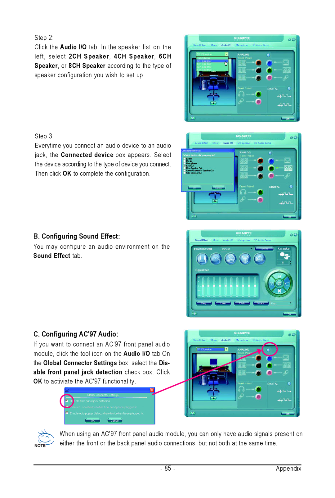 Intel GA-N650SLI-DS4L user manual Configuring Sound Effect, Configuring AC97 Audio, Sound Effect tab 