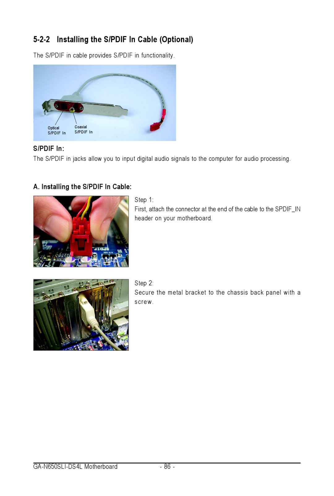 Intel GA-N650SLI-DS4L user manual Installing the S/PDIF In Cable Optional, Pdif 