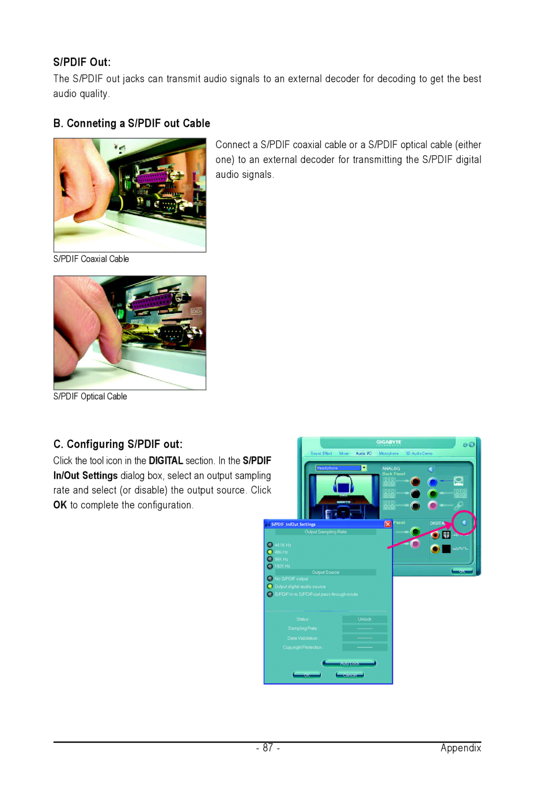 Intel GA-N650SLI-DS4L user manual Pdif Out, Conneting a S/PDIF out Cable, Configuring S/PDIF out 