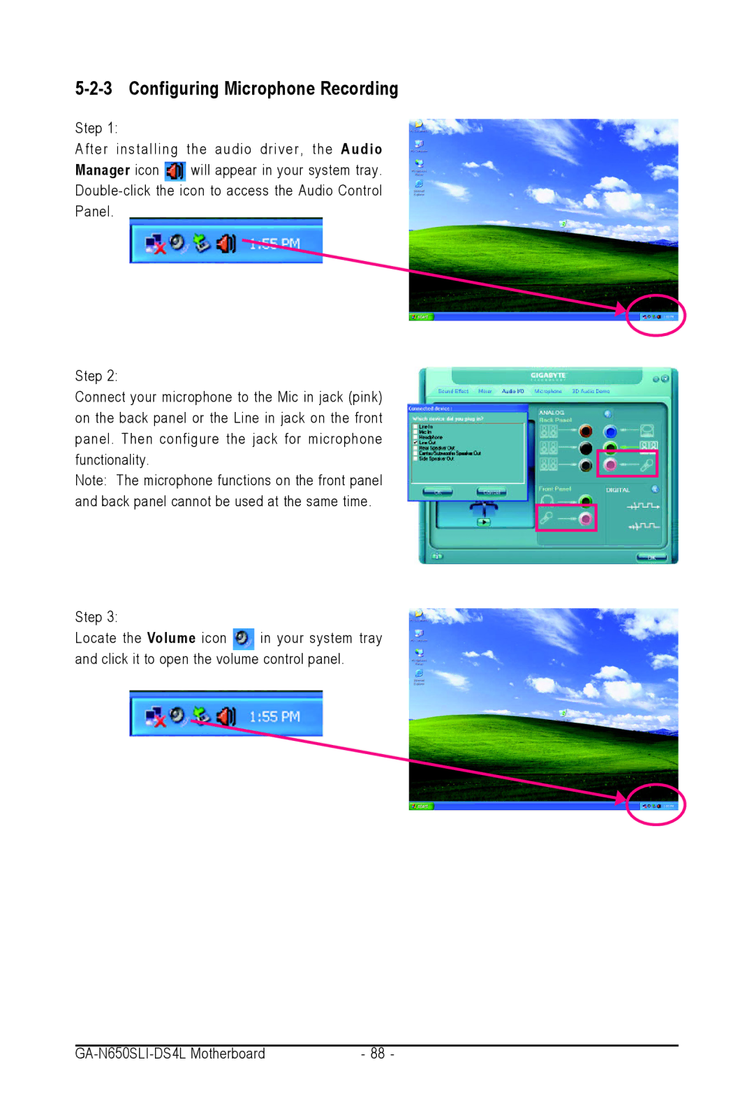 Intel GA-N650SLI-DS4L user manual Configuring Microphone Recording 