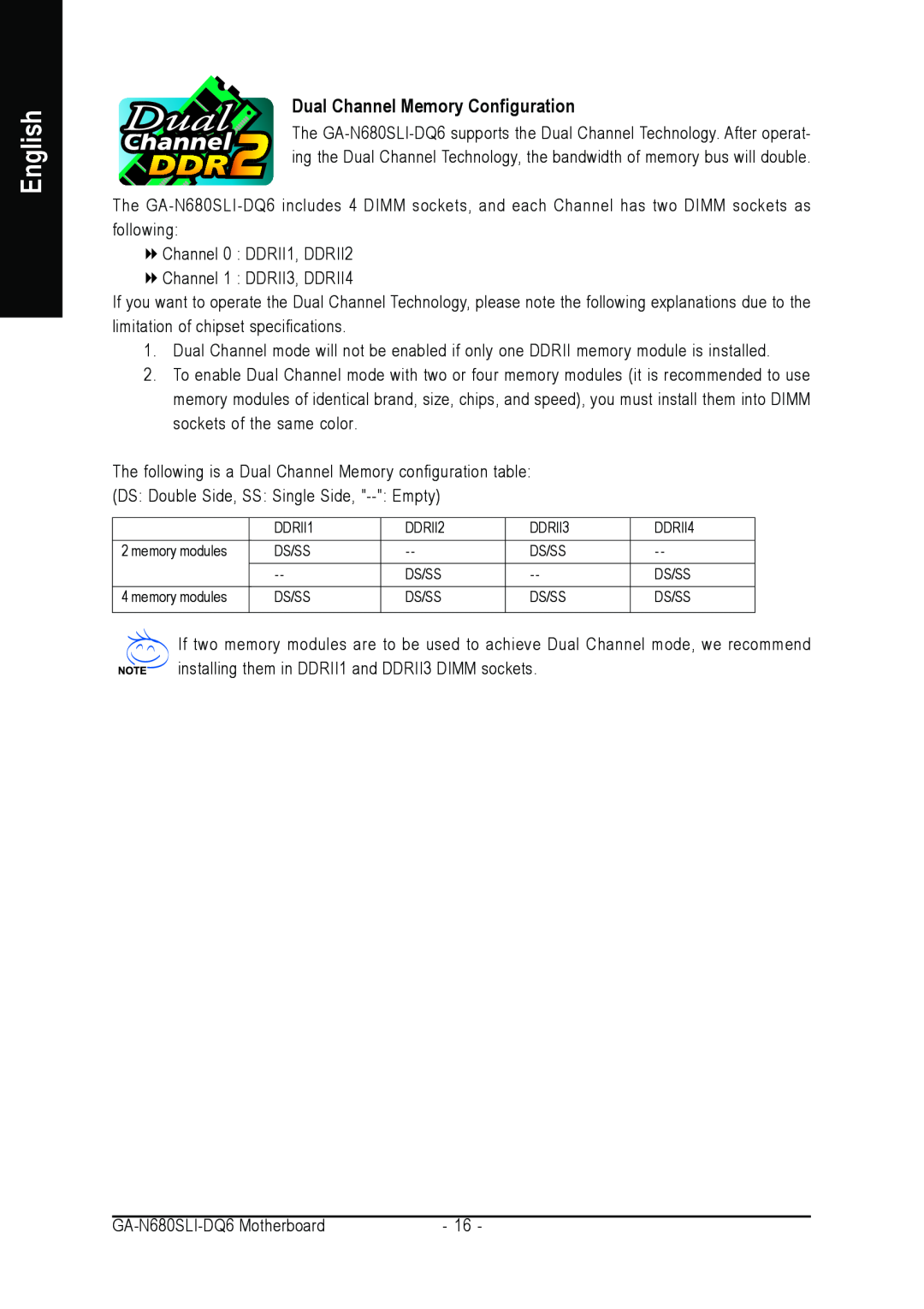 Intel GA-N680SLI-DQ6 user manual Dual Channel Memory Configuration, English, memory modules 