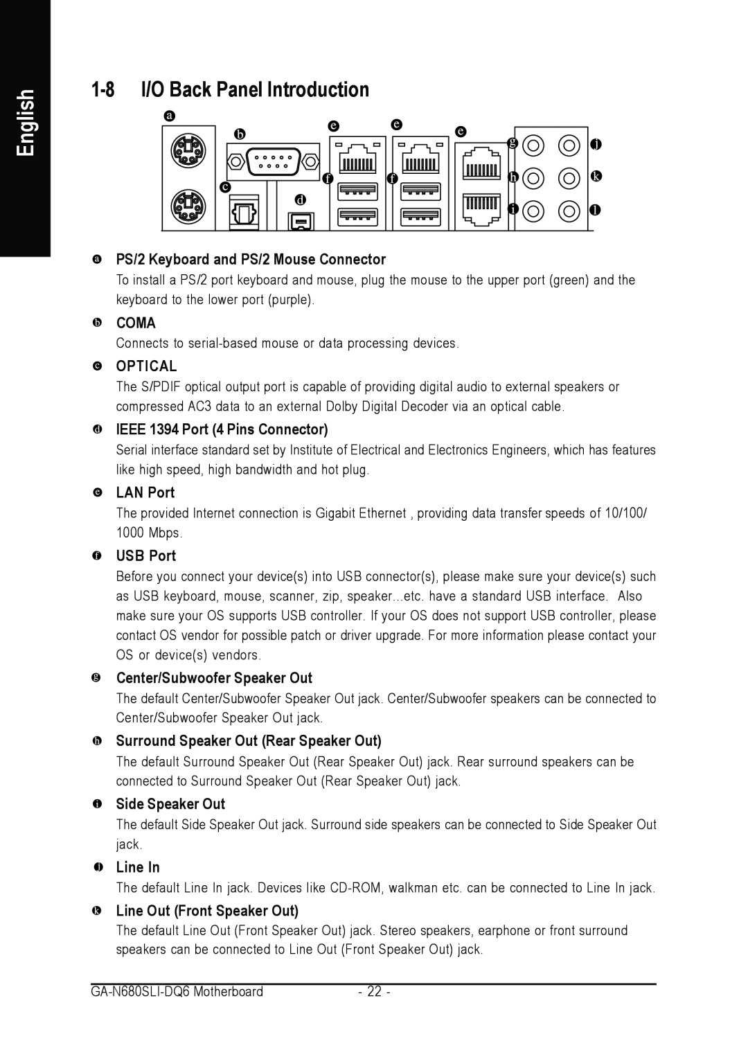 Intel GA-N680SLI-DQ6 1-8 I/O Back Panel Introduction, PS/2 Keyboard and PS/2 Mouse Connector, Coma, Optical, LAN Port 