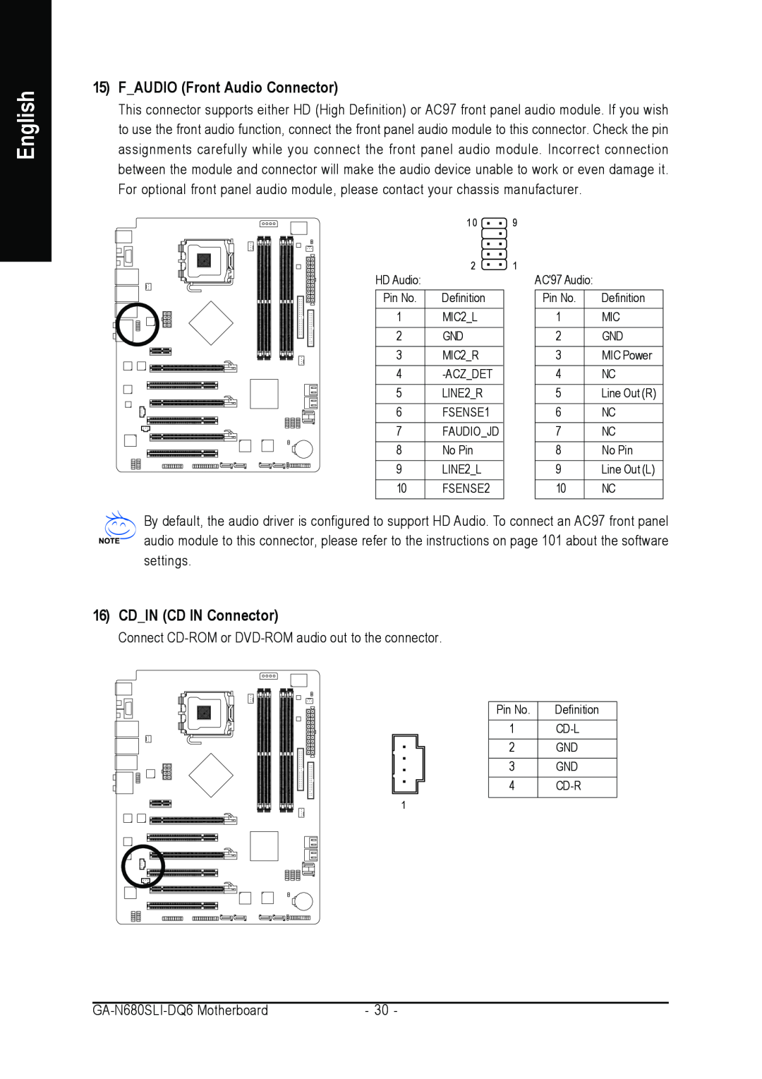Intel GA-N680SLI-DQ6 user manual FAUDIO Front Audio Connector, CDIN CD IN Connector, English 