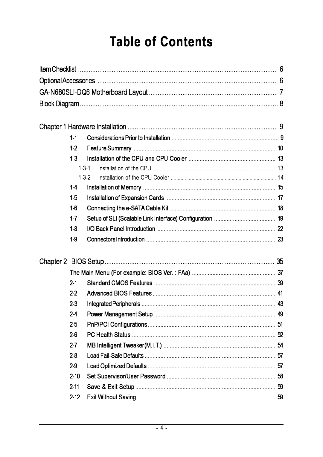 Intel GA-N680SLI-DQ6 user manual Table of Contents 