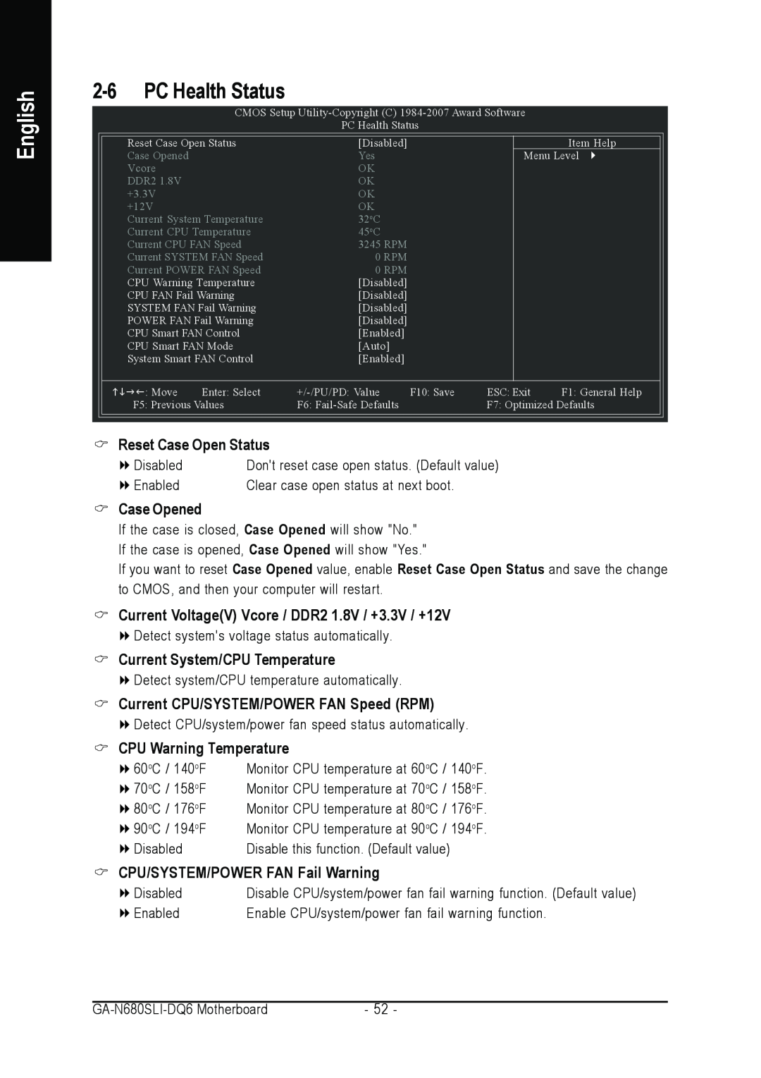 Intel GA-N680SLI-DQ6 user manual PC Health Status, Case Opened, Current VoltageV Vcore / DDR2 1.8V / +3.3V / +12V, English 