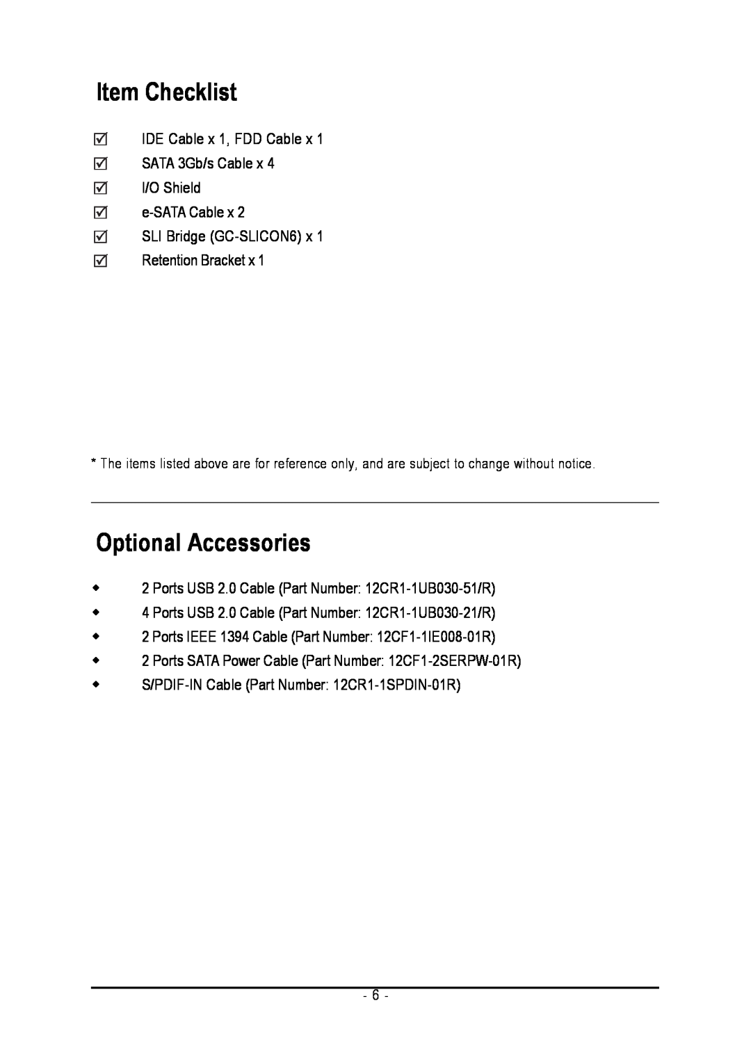 Intel GA-N680SLI-DQ6 user manual Item Checklist, Optional Accessories 