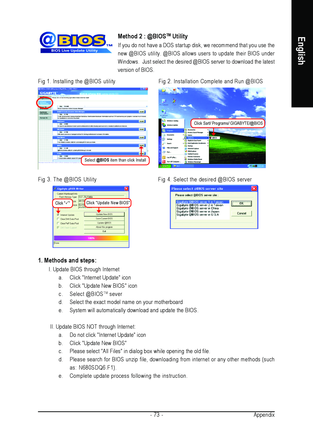 Intel GA-N680SLI-DQ6 user manual Method 2 @BIOSTM Utility, Methods and steps, English 