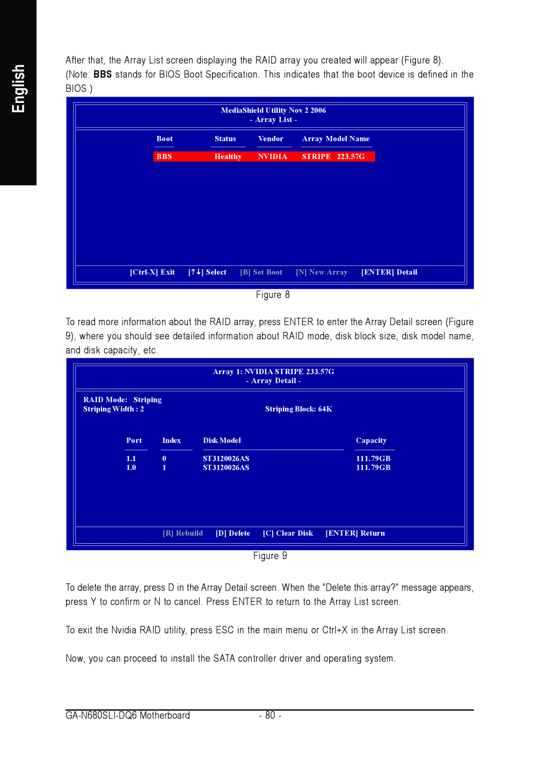 Intel GA-N680SLI-DQ6 user manual English, B Set Boot, N New Array ENTER Detail, R Rebuild 