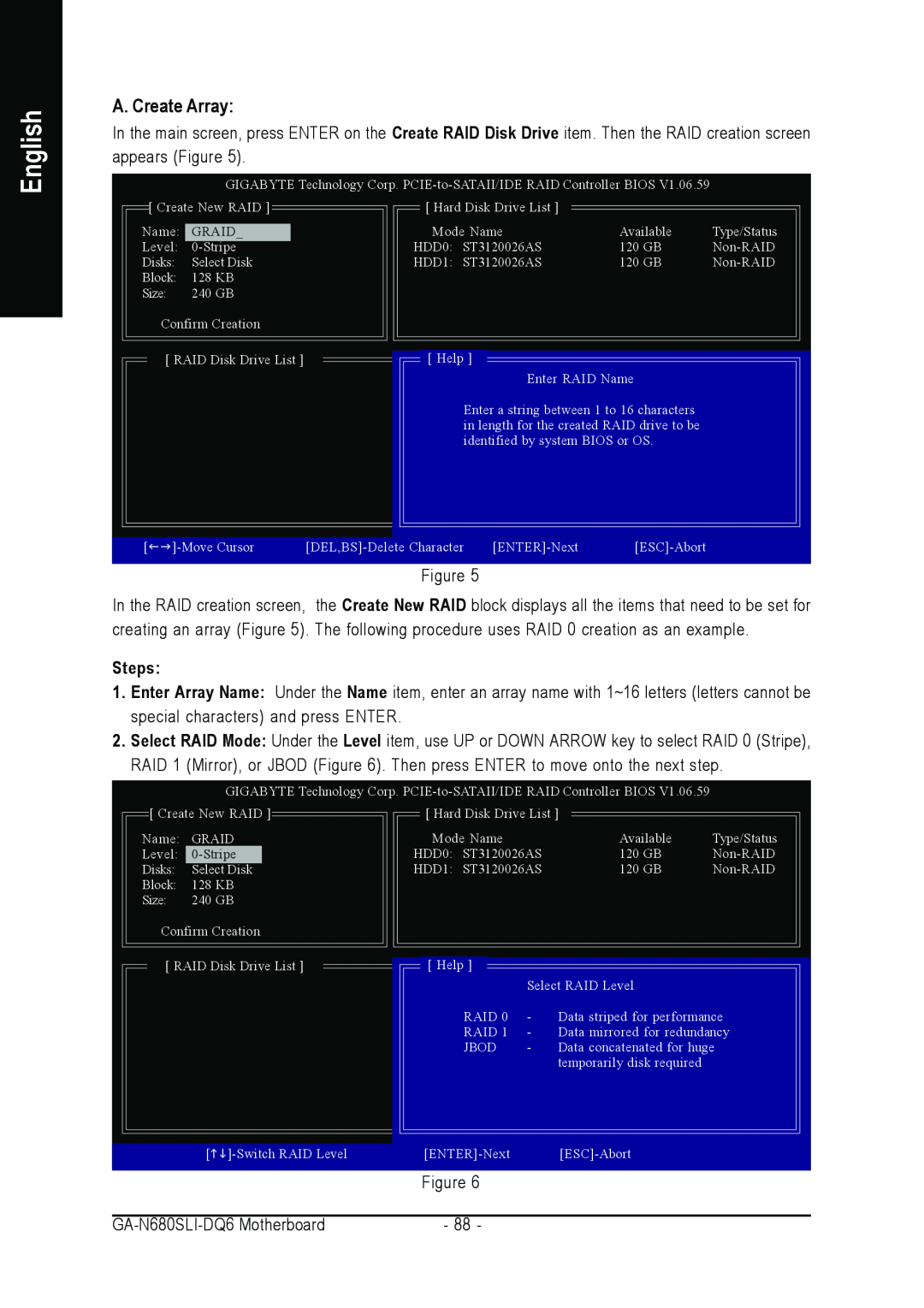Intel GA-N680SLI-DQ6 user manual A. Create Array, English, Steps 