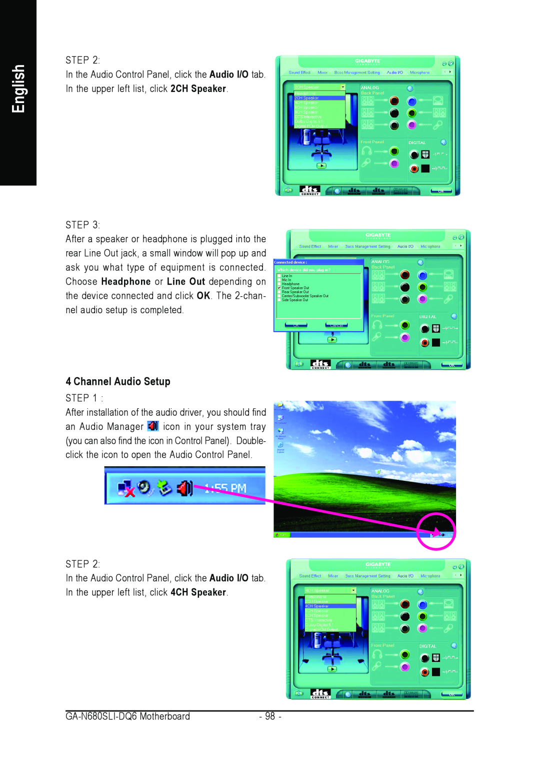 Intel GA-N680SLI-DQ6 user manual Channel Audio Setup, English 