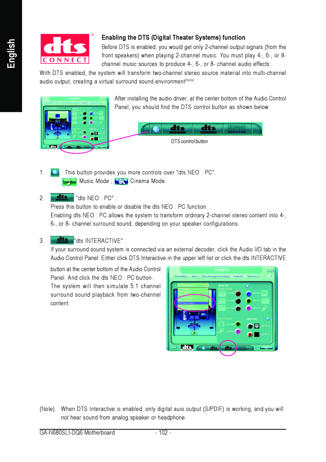 Intel GA-N680SLI-DQ6 user manual Enabling the DTS Digital Theater Systems function 